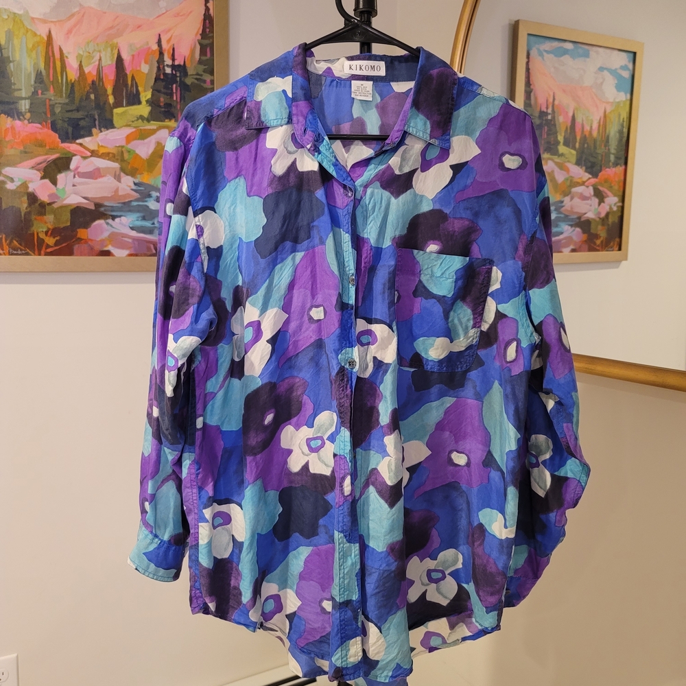 Vintage 100% Silk KIKOMO Blue Purple Floral Button Down Shirt Women's Size M